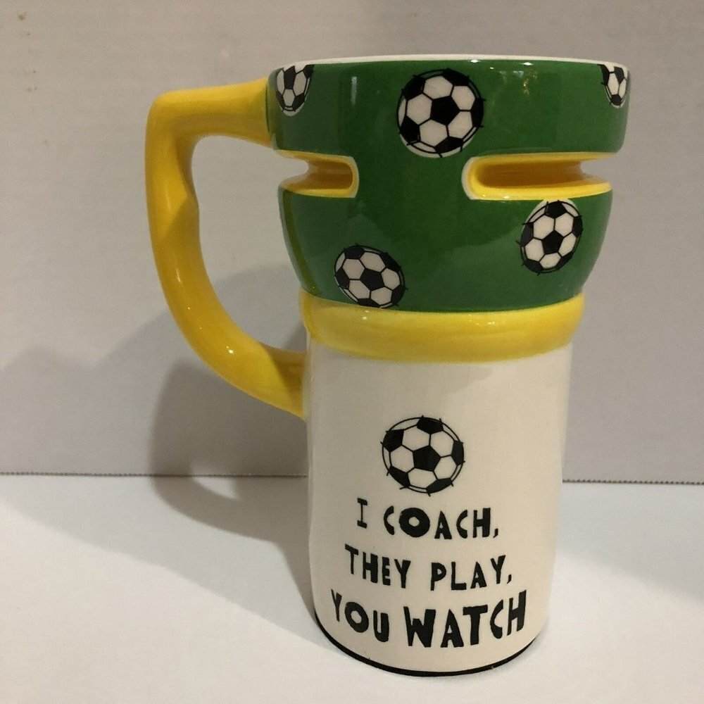 I Coach, They Play, You Watch Yellow Green Soccer Coffee Travel Mug Cup